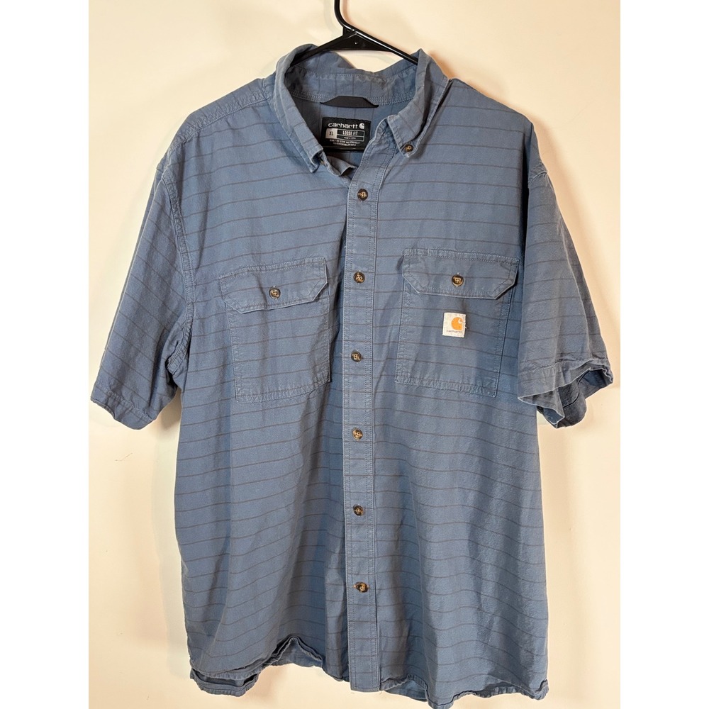 Carhartt Mens XL Loose Fit Short Sleeve Button Down Striped Work Shirt Blue
